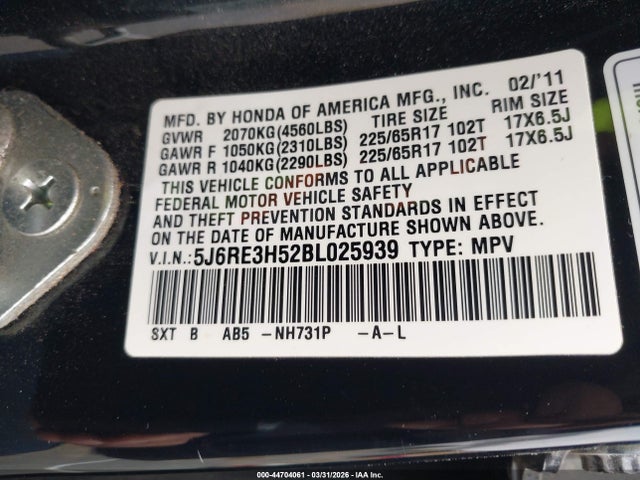 44704061 :رقم المزاد ، 5J6RE3H52BL025939 vin ، 2011 Honda Cr-v Ex مزاد بيع