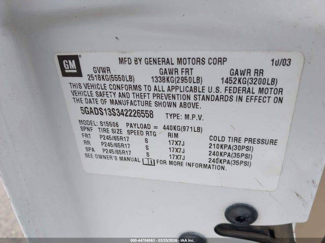 Aukcja sprzedaży 2004 Buick Rainier Cxl, vin: 5GADS13S342226558, numer aukcji: 44704063