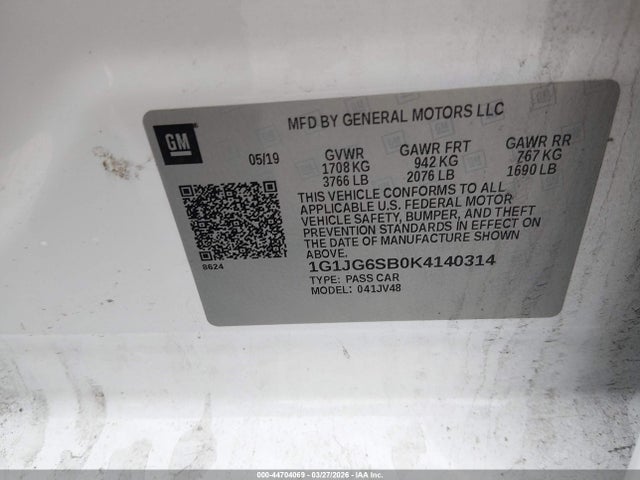 Продажа на аукционе авто 2019 Chevrolet Sonic Lt Auto, vin: 1G1JG6SB0K4140314, номер лота: 44704069