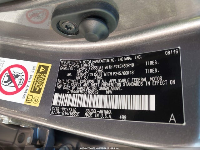 5TDZKRFH7GS169619 Toyota Highlander Le Plus V6