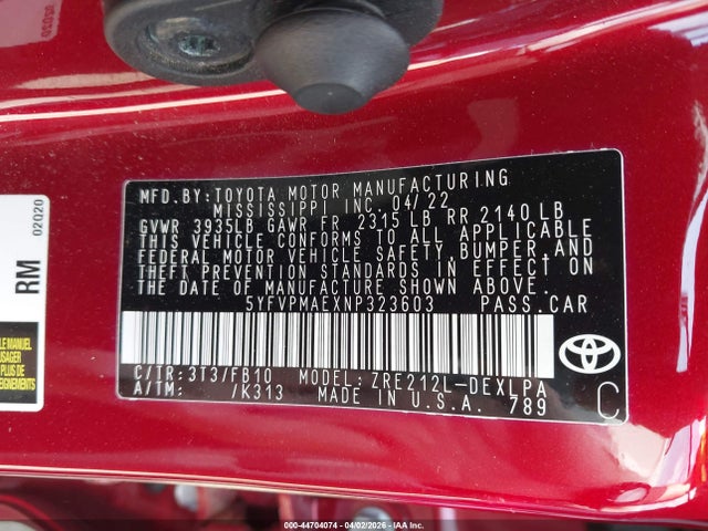Aukcja sprzedaży 2022 Toyota Corolla Le, vin: 5YFVPMAEXNP323603, numer aukcji: 44704074