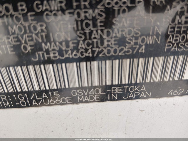 44704080 :رقم المزاد ، JTHBJ46G472002574 vin ، 2007 Lexus Es 350 مزاد بيع
