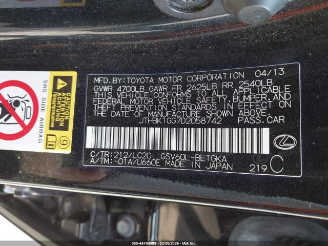 44704089 :رقم المزاد ، JTHBK1GG7D2058742 vin ، 2013 Lexus Es 350 مزاد بيع