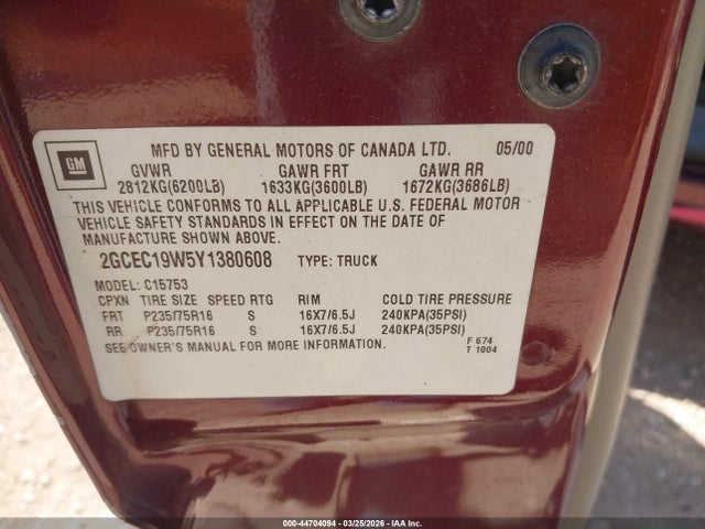 Aukcja sprzedaży 2000 Chevrolet Silverado 1500 Ls, vin: 2GCEC19W5Y1380608, numer aukcji: 44704094
