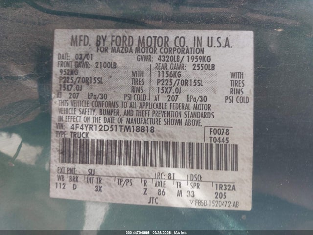 44704096 :رقم المزاد ، 4F4YR12D51TM18818 vin ، 2001 Mazda B2300 Se/sx مزاد بيع