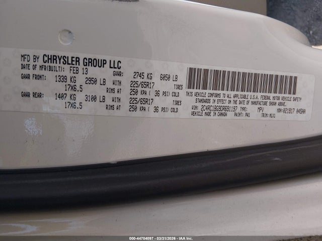 44704097 :رقم المزاد ، 2C4RC1BG9DR691197 vin ، 2013 Chrysler Town & Country Touring مزاد بيع