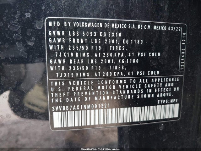 Aukcja sprzedaży 2022 Volkswagen Tiguan 2.0t Se R-line Black, vin: 3VV8B7AX1NM091321, numer aukcji: 44704098