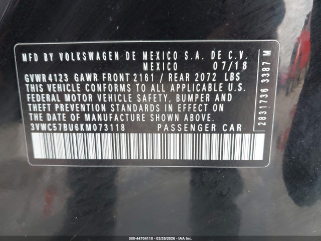 Aukcja sprzedaży 2019 Volkswagen Jetta 1.4t R-line/1.4t S/1.4t Se, vin: 3VWC57BU6KM073118, numer aukcji: 44704110