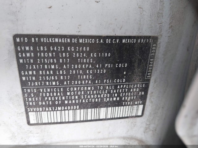 Продажа на аукционе авто 2018 Volkswagen Tiguan 2.0t S, vin: 3VV0B7AX1JM049996, номер лота: 44704124