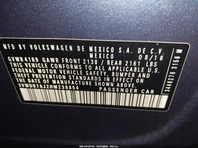 2017 Volkswagen Jetta 1.4t Se მანქანა იყიდება აუქციონზე, vin: 3VWDB7AJ2HM238854, აუქციონის ნომერი: 44704130