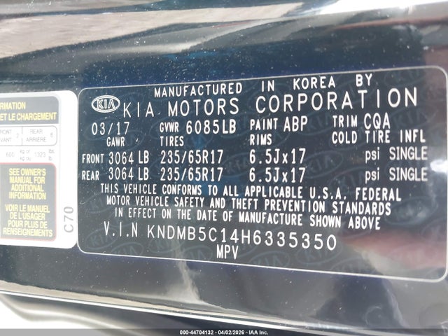 44704132 :رقم المزاد ، KNDMB5C14H6335350 vin ، 2017 Kia Sedona Lx مزاد بيع