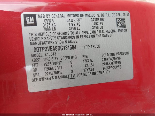 Aukcja sprzedaży 2013 Gmc Sierra K1500 Sle, vin: 3GTP2VEA8DG181504, numer aukcji: 44704154