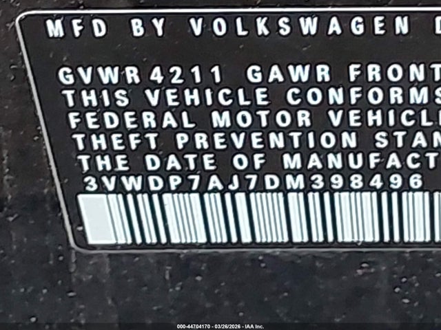 Продаж на аукціоні авто 2013 Volkswagen Jetta Se, vin: 3VWDP7AJ7DM398496, номер лоту: 44704170