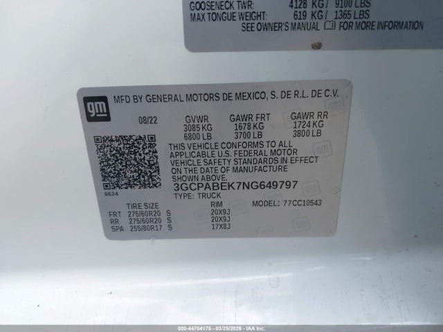 44704175 :رقم المزاد ، 3GCPABEK7NG649797 vin ، 2022 Chevrolet Silverado 1500 2wd  Short Bed Custom مزاد بيع
