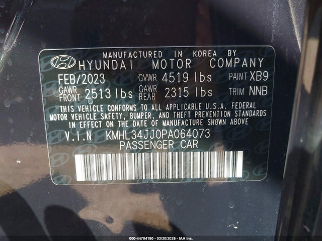 Aukcja sprzedaży 2023 Hyundai Sonata Hybrid Sel, vin: KMHL34JJ0PA064073, numer aukcji: 44704180