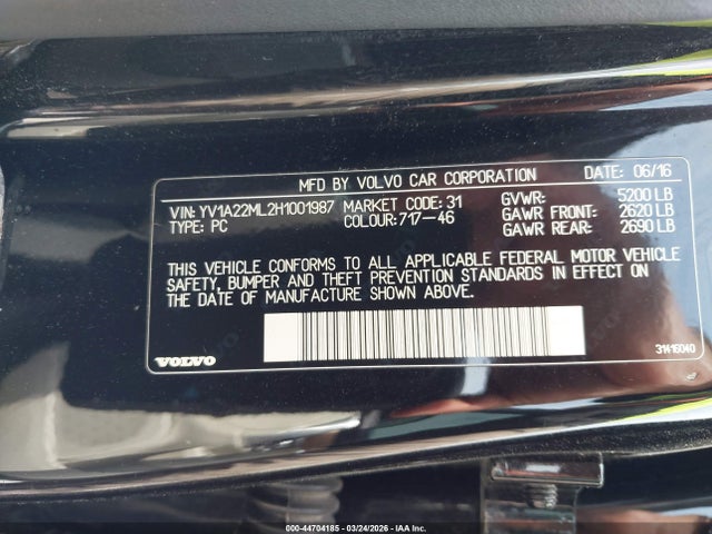 44704185 :رقم المزاد ، YV1A22ML2H1001987 vin ، 2017 Volvo S90 T6 Inscription مزاد بيع