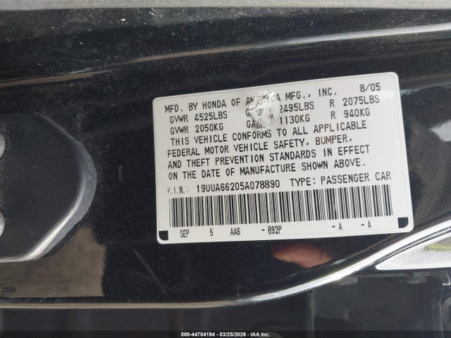 Aukcja sprzedaży 2005 Acura Tl, vin: 19UUA66205A078890, numer aukcji: 44704194