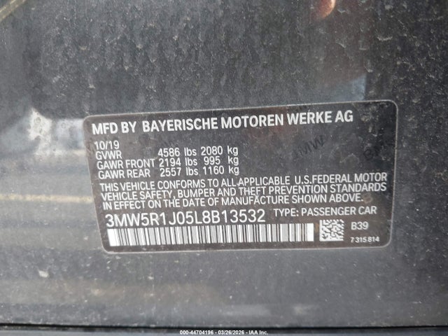 2020 Bmw 330i მანქანა იყიდება აუქციონზე, vin: 3MW5R1J05L8B13532, აუქციონის ნომერი: 44704196