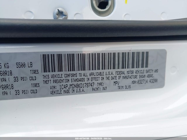 2019 Jeep Cherokee Limited 4x4 მანქანა იყიდება აუქციონზე, vin: 1C4PJMDN8KD179747, აუქციონის ნომერი: 44704198