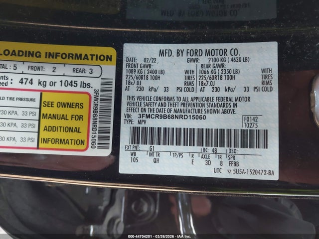 44704201 :رقم المزاد ، 3FMCR9B68NRD15060 vin ، 2022 Ford Bronco Sport Big Bend مزاد بيع