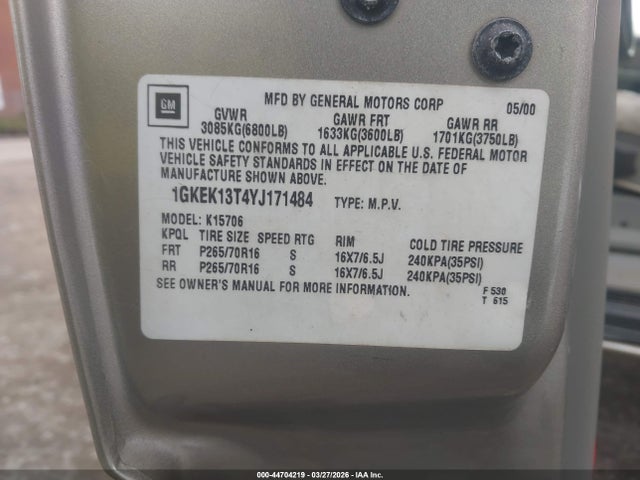 Auction sale of the 2000 Gmc Yukon Slt, vin: 1GKEK13T4YJ171484, lot number: 44704219
