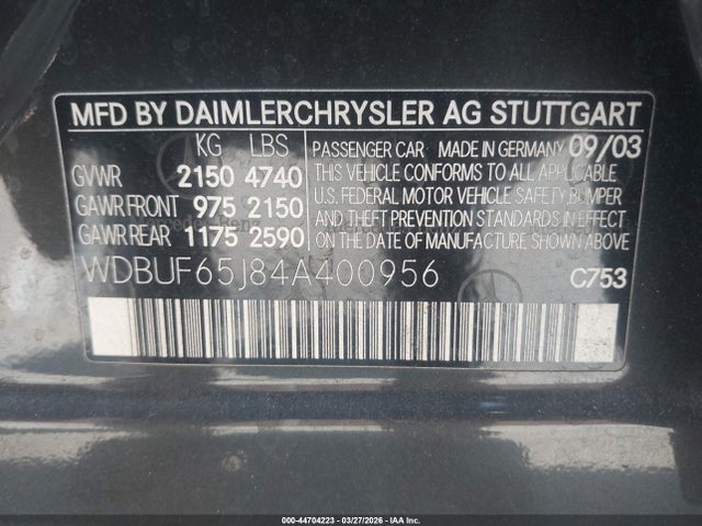Aukcja sprzedaży 2004 Mercedes-benz E 320, vin: WDBUF65J84A400956, numer aukcji: 44704223