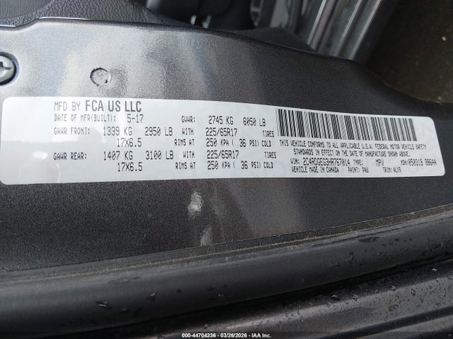 44704236 :رقم المزاد ، 2C4RDGEG3HR767014 vin ، 2017 Dodge Grand Caravan Gt مزاد بيع