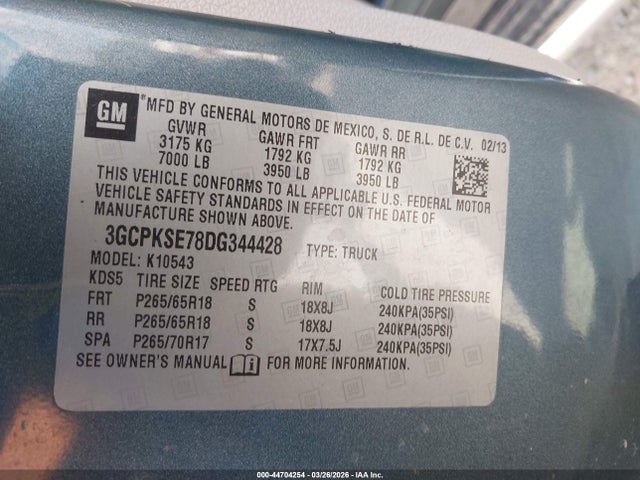 Продаж на аукціоні авто 2013 Chevrolet Silverado 1500 Lt, vin: 3GCPKSE78DG344428, номер лоту: 44704254