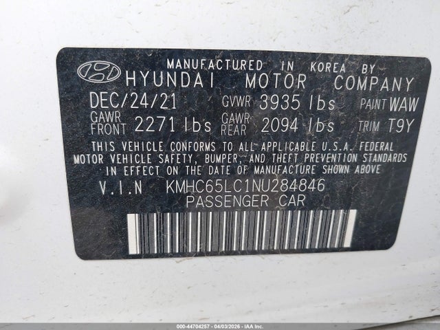 Aukcja sprzedaży 2022 Hyundai Ioniq Hybrid Blue, vin: KMHC65LC1NU284846, numer aukcji: 44704257