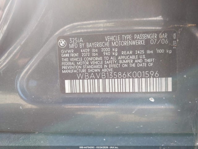 Продажа на аукционе авто 2006 Bmw 325i, vin: WBAVB13586K001596, номер лота: 44704263