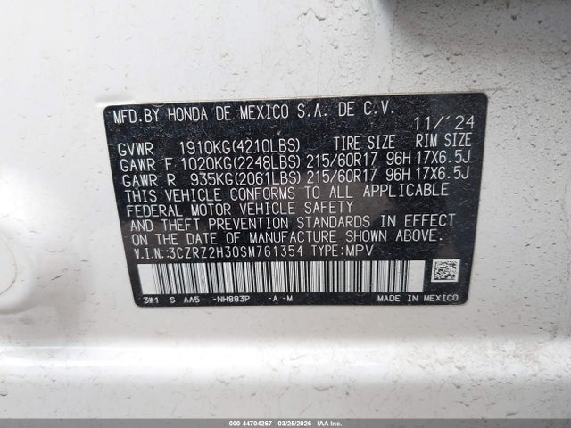Продаж на аукціоні авто 2025 Honda Hr-v Awd Lx, vin: 3CZRZ2H30SM761354, номер лоту: 44704267