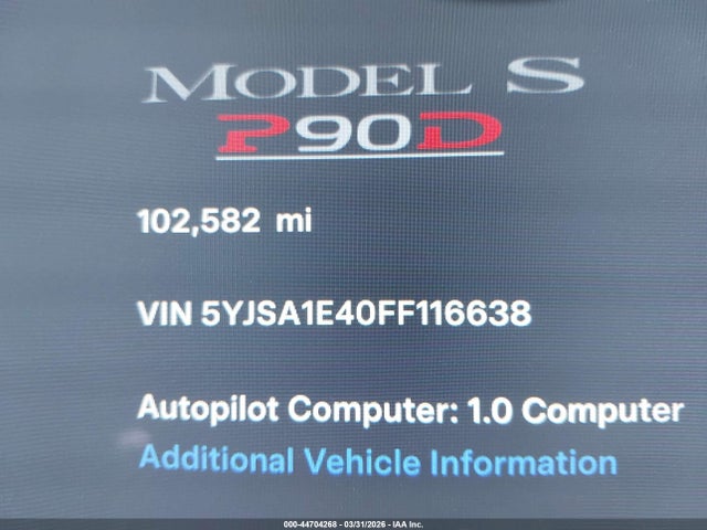 Продаж на аукціоні авто 2015 Tesla Model S 85d/p85d, vin: 5YJSA1E40FF116638, номер лоту: 44704268