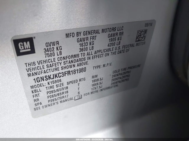 1GNSKJKC3FR181980 Chevrolet Suburban 1500 Lt