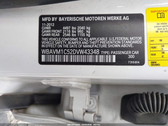 2013 Bmw X1 Sdrive28i მანქანა იყიდება აუქციონზე, vin: WBAVM1C52DVW43348, აუქციონის ნომერი: 44704285