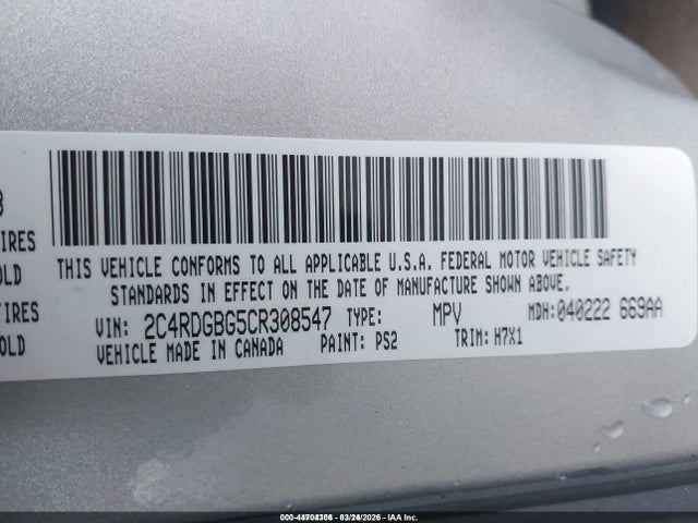 44704306 :رقم المزاد ، 2C4RDGBG5CR308547 vin ، 2012 Dodge Grand Caravan Se/avp مزاد بيع