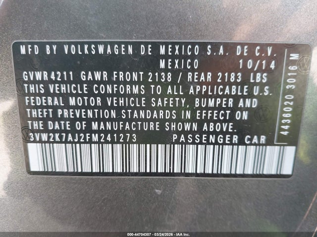 2015 VOLKSWAGEN JETTA 3VW2K7AJ2FM241273 Photo 8