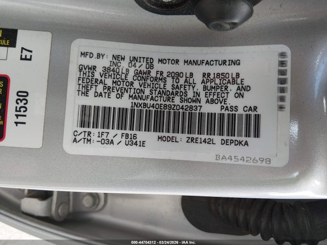 44704312 :رقم المزاد ، 1NXBU40E89Z042837 vin ، 2009 Toyota Corolla Le مزاد بيع