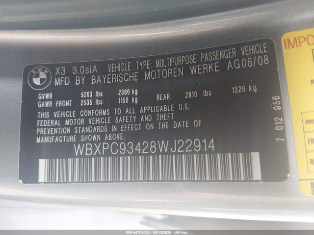 Продаж на аукціоні авто 2008 Bmw X3 3.0si, vin: WBXPC93428WJ22914, номер лоту: 44704325