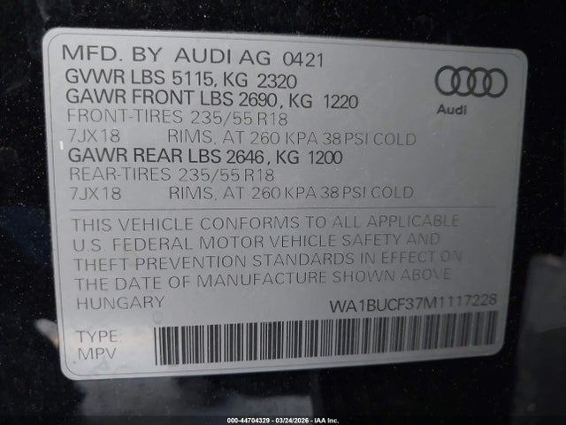 WA1BUCF37M1117228 Audi Q3 Premium Plus 40 Tfsi Quattro Tiptronic