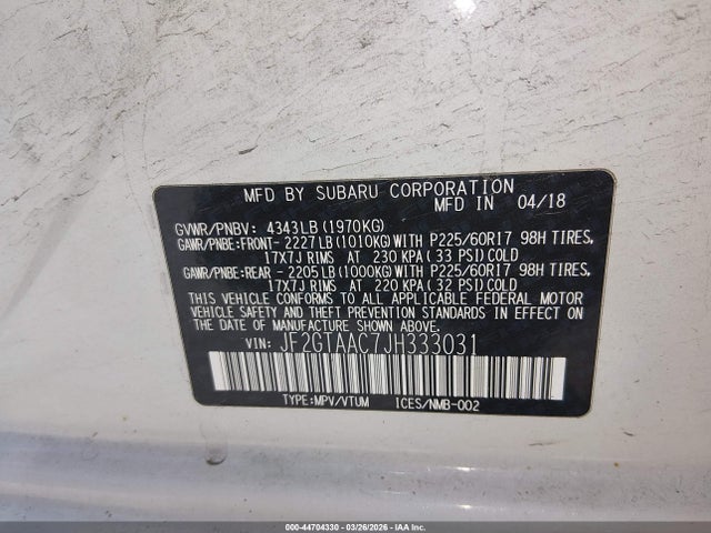 Продажа на аукционе авто 2018 Subaru Crosstrek 2.0i, vin: JF2GTAAC7JH333031, номер лота: 44704330