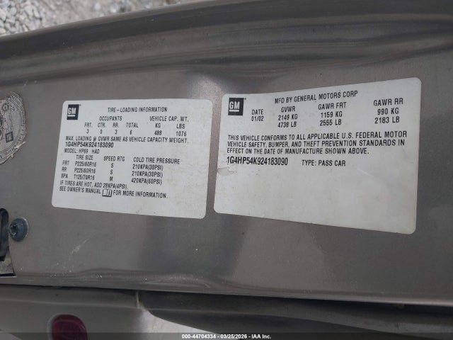 44704334 :رقم المزاد ، 1G4HP54K924183090 vin ، 2002 Buick Lesabre Custom مزاد بيع