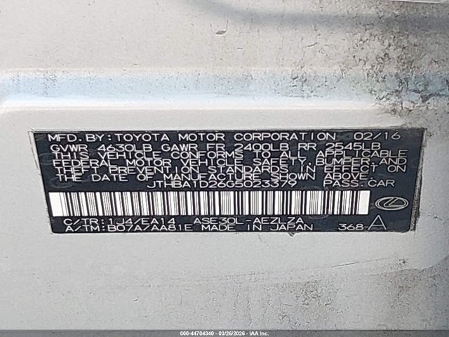 Aukcja sprzedaży 2016 Lexus Is 200t, vin: JTHBA1D26G5023379, numer aukcji: 44704340