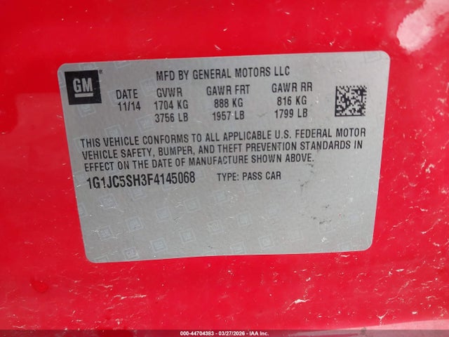 Продажа на аукционе авто 2015 Chevrolet Sonic Lt Auto, vin: 1G1JC5SH3F4145068, номер лота: 44704383