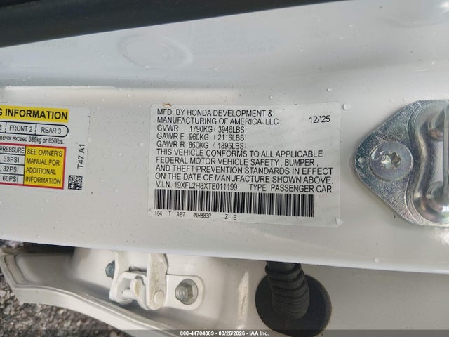 2026 Honda Civic Sport მანქანა იყიდება აუქციონზე, vin: 19XFL2H8XTE011199, აუქციონის ნომერი: 44704389