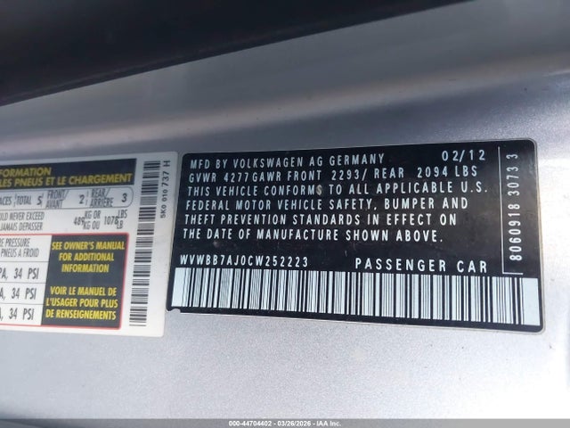 44704402 :رقم المزاد ، WVWBB7AJ0CW252223 vin ، 2012 Volkswagen Golf 2.5l 2-door مزاد بيع