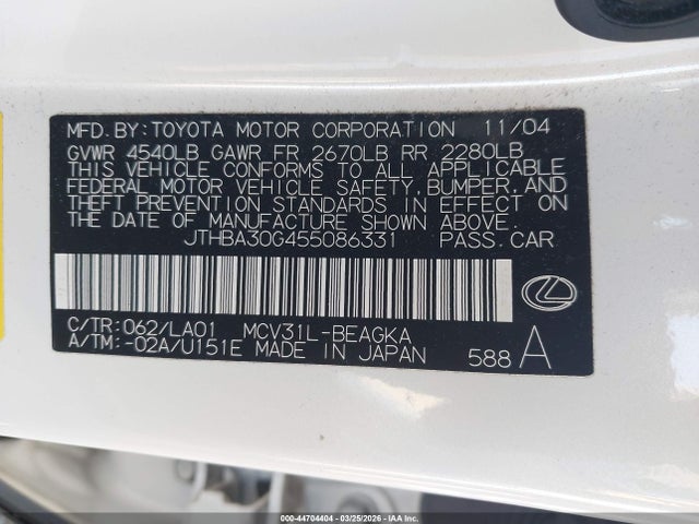 44704404 :رقم المزاد ، JTHBA30G455086331 vin ، 2005 Lexus Es 330 مزاد بيع