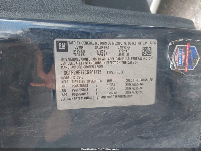2012 Gmc Sierra 1500 Sle მანქანა იყიდება აუქციონზე, vin: 3GTP2VE77CG261475, აუქციონის ნომერი: 44704450