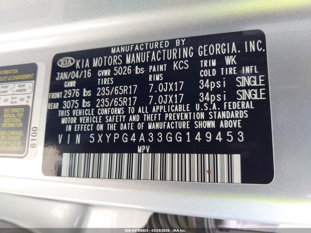 5XYPG4A33GG149453 KIA Sorento 2.4l Lx