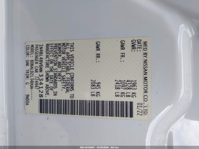 Продаж на аукціоні авто 2022 Nissan Altima S Fwd, vin: 1N4BL4BV6NN334128, номер лоту: 44704457
