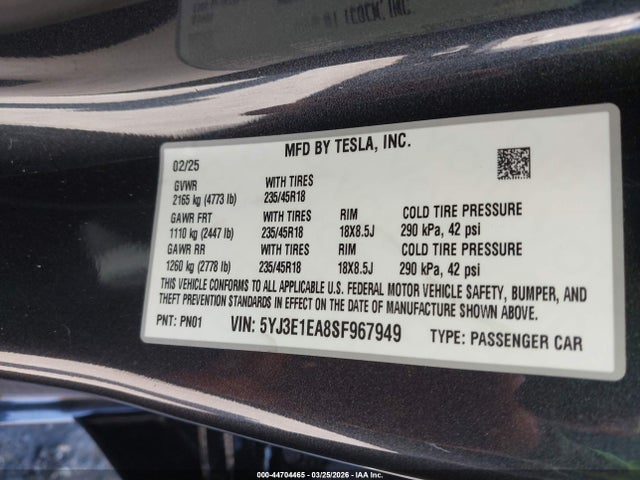 2025 Tesla Model 3 Long Range Rear-wheel Drive/standard Rear-wheel Drive მანქანა იყიდება აუქციონზე, vin: 5YJ3E1EA8SF967949, აუქციონის ნომერი: 44704465